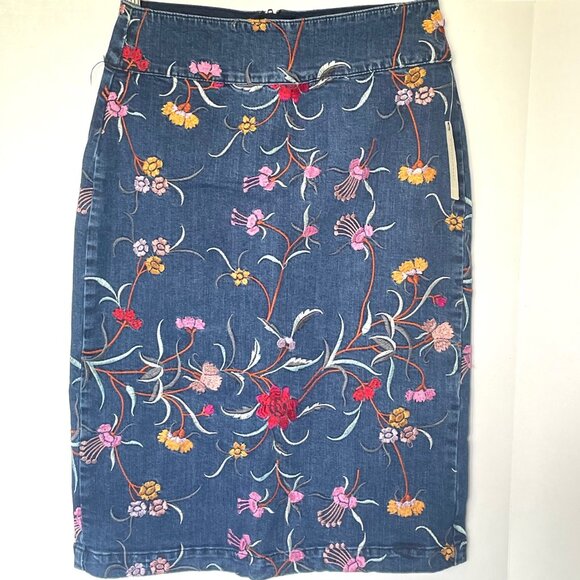 Anthropologie Floral Denim Pencil Skirt 0 Blue Embroidered Short Maeve Summer - Picture 1 of 10